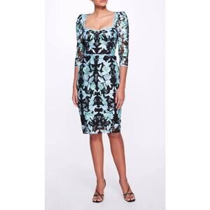 Marchesa Notte Floral Embroidered Sheer Cocktail Dress Size 0 Black Blue Green